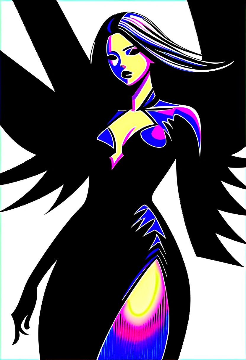 Black shadow of a woman with angel wings and fashionable clothes in a confident and sensual cartoon style, in Vice City GTA, White sky