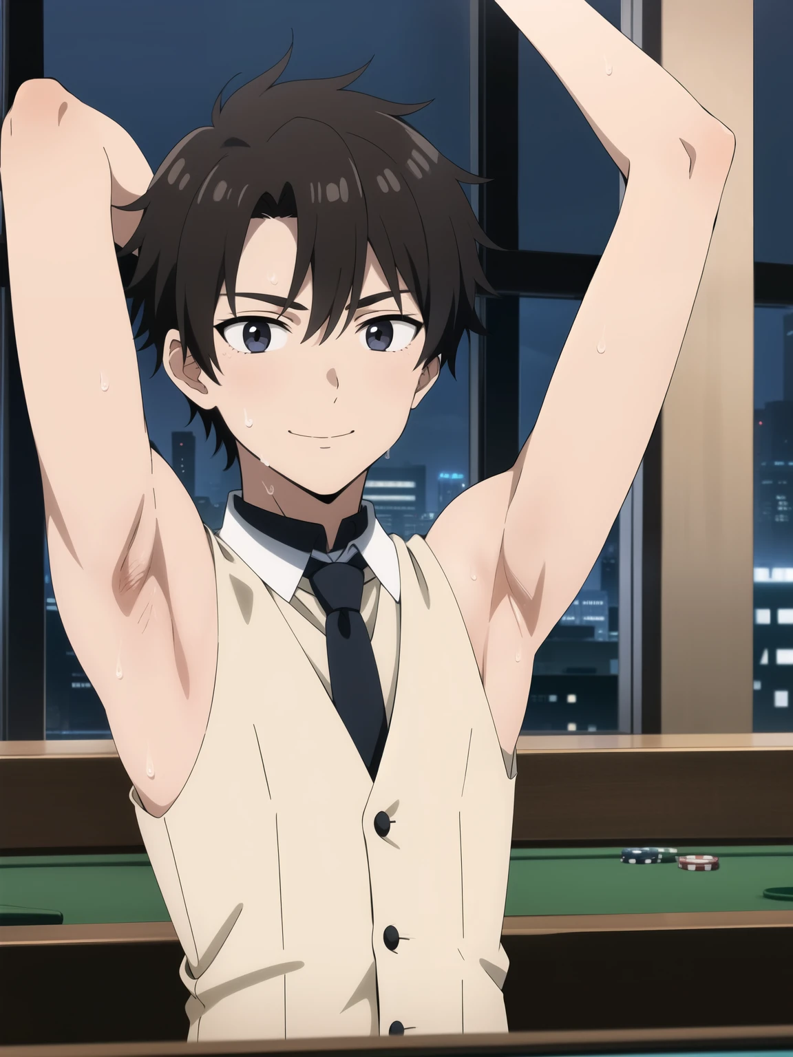 Highres, Masterpiece, Best quality at best,Best Quality,hight quality, hight detailed, Anime style, 1boy, Boy, Shota, Solo person, Sleeveless vest, Narrow shoulder, Tie, Gloves, Choker, Casino, Waiter, night day, Slim body, smile, sweat, Body, in front of a pool table, large windows overlooking the city in the background, Seen from the front, (Showing armpit:1.3), (very young boy), (very small and short body)
