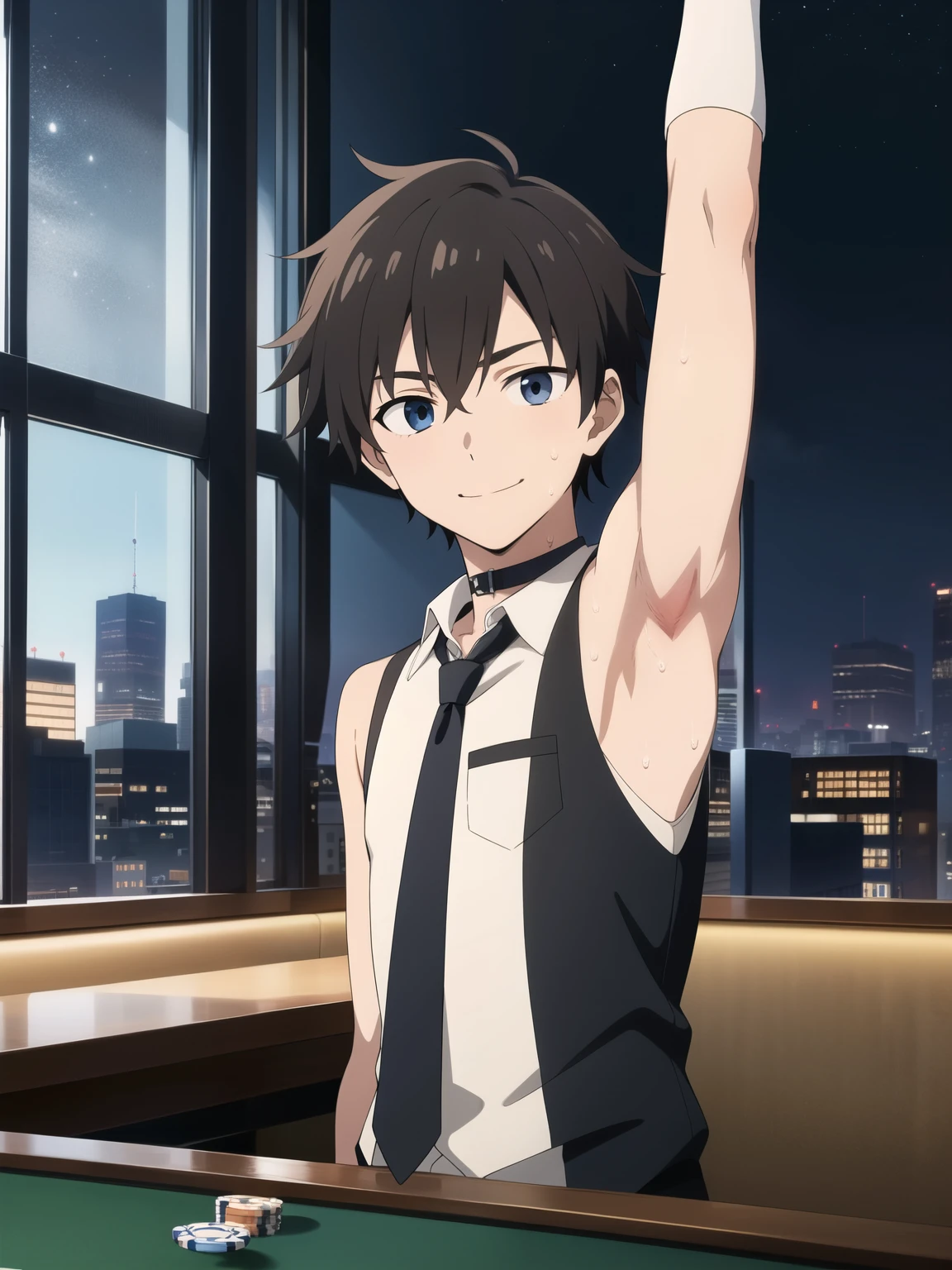 Highres, Masterpiece, Best quality at best,Best Quality,hight quality, hight detailed, Anime style, 1boy, Boy, Shota, Solo person, Sleeveless vest, Narrow shoulder, Tie, Gloves, Choker, Casino, Waiter, night day, Slim body, smile, sweat, Body, in front of a pool table, large windows overlooking the city in the background, Seen from the front, (Showing armpit:1.3), ( young boy), (very small and short body)