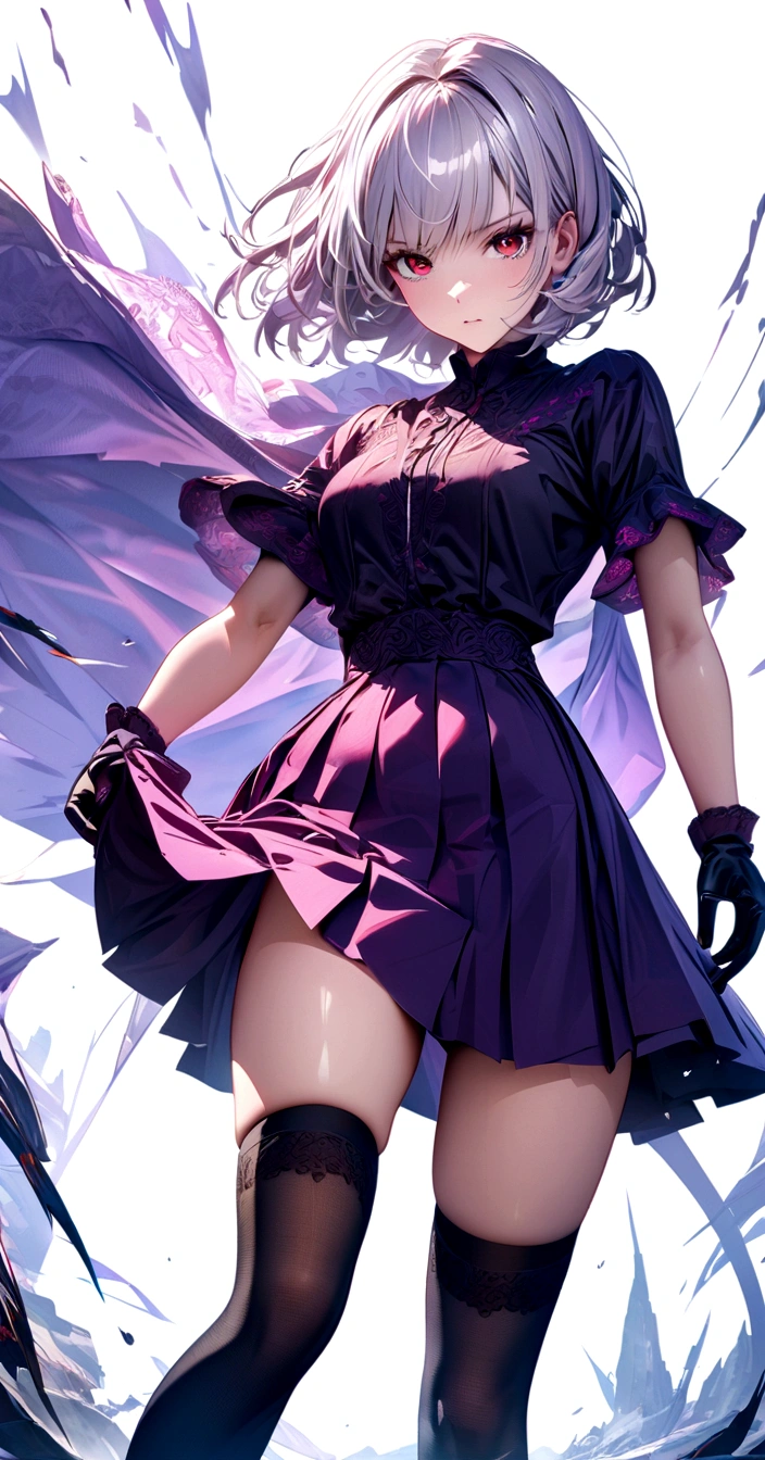perfect proportion body, sexy, smart, Short Hime Hair Cut, White Hairs, Red Eyes, wearing a handless purple plain casual cloth, skirt, long black gloves, and thigh-high stockings, Anime Style, HDR, highly detailed, 8k, masterpiece, digital painting, vibrant colors, dramatic lighting, dynamic composition, intricate details, White plain background.