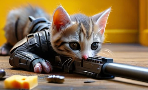 amazing quality, masterpiece, best quality, hyper detailed, ultra detailed, UHD, depth of field,
standing kitten, kitten aiming to the rat using Sniper Rifle, indoor, rat stealing cheese, view from a 45 degree angle, 454
