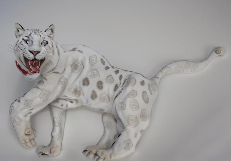 A giant white leopard, (((with 3 long fangs))), snow land, uhd, 12k, photography, Professional photo realistic nikon, masterpiece, ultra realistic, raw photo 