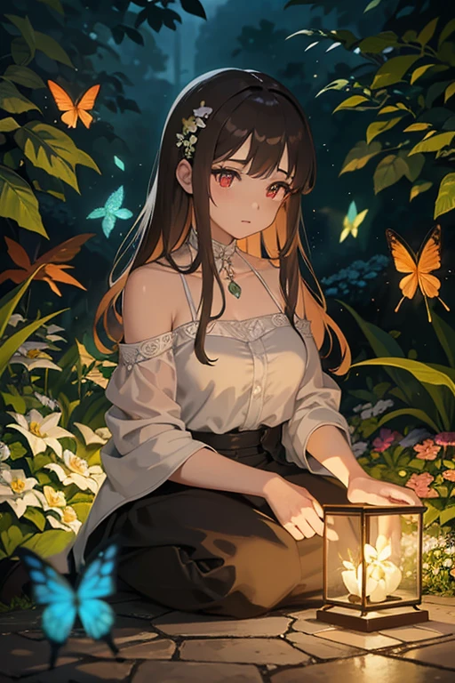 The intricate beauty of a fairy garden beckons. The flowers of the garden bloom in a mesmerizing display of colors, and the sunlight filters through the leaves, casting dappled shadows on the petals. A woman with long brown hair and glowing red eyes sits in the center of the scene, surrounded by blooming bioluminescent butterflies, their delicate bodies rippling with the gentle breeze. It's a moment frozen in time, capturing the beauty and harmony that the woman is seeking in her garden.