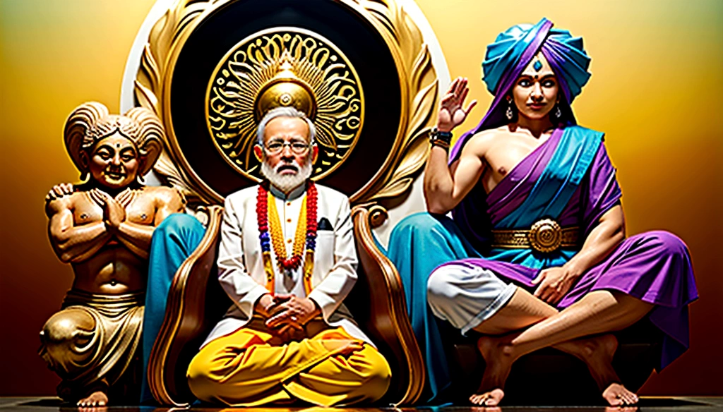 President Modi sitting on a lotus with two hands in the air, 3 divindades da primavera, deus indiano, deus hindus, narasimha, deus hindu, Deus da riqueza, divindade masculina atraente, Hinduism, hindu estética, Hindu stages of meditation, sitting on a lotus flower, wise old indian guru, puṣkaracūḍa