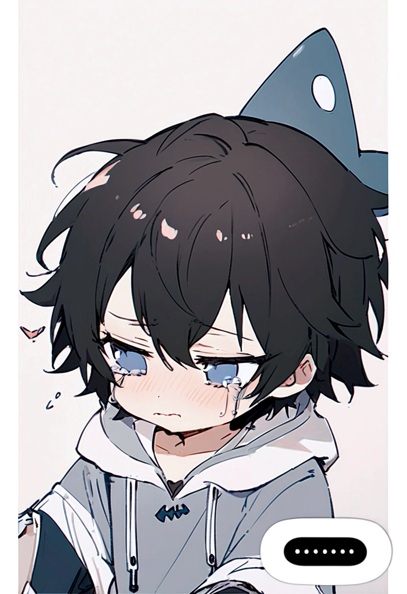 An adorable Young boy with messy black hair and beautiful eyes with long eyelashes sobbing while wearing a shark custome