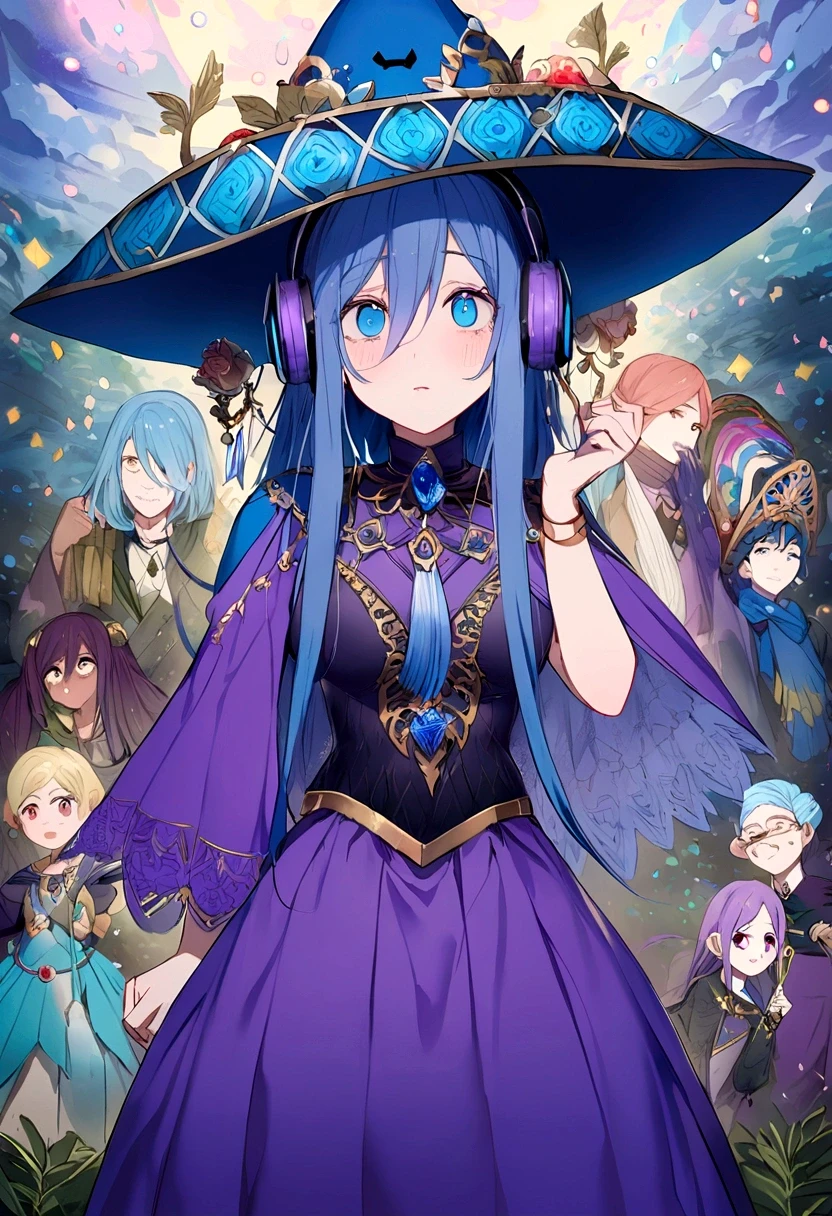 Mujer, cuerpo sexy, wearing a purple robe, sombrero de copa morado, sosteniendo una bola de cristal con ambas manos de color azul, ojos azules, blue helmet headphones on his shoulders, cabello rojo, sonriendo, de fondo dice nombre miku nakano, parada en un bosque, la luz de luna de fondo