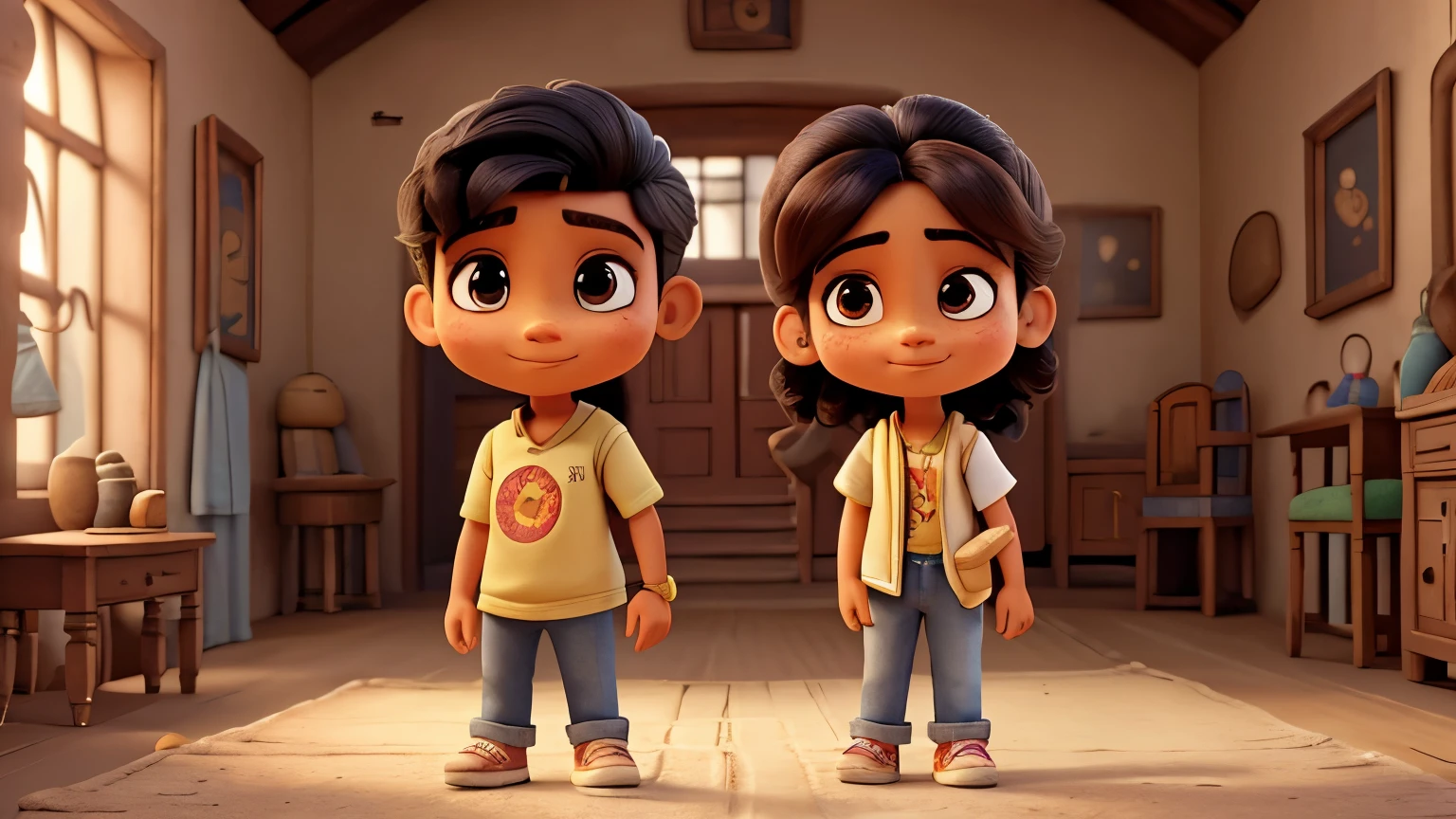 Characters: Anindita (female), Arjun (male)
Anindita:
Age: Early 20s
Outfit: Traditional Bengali attire, vibrant colors, adorned with jewelry.
Emotions: Curious and determined.
Facial Features: Oval-shaped face, large expressive eyes, straight nose, small ears, arched eyebrows.
Arjun:
Age:
Outfit: Casual, denim jeans, t-shirt, sneakers, carrying a small backpack.
Emotions: Excited and eager.
Facial Features: Round face, bright eyes, button nose, medium-sized ears, freckles.
Object: Old, weathered map.
Location: Inside an ancient, dusty room filled with antique furniture and artifacts.
Style: 3D animated cartoon.