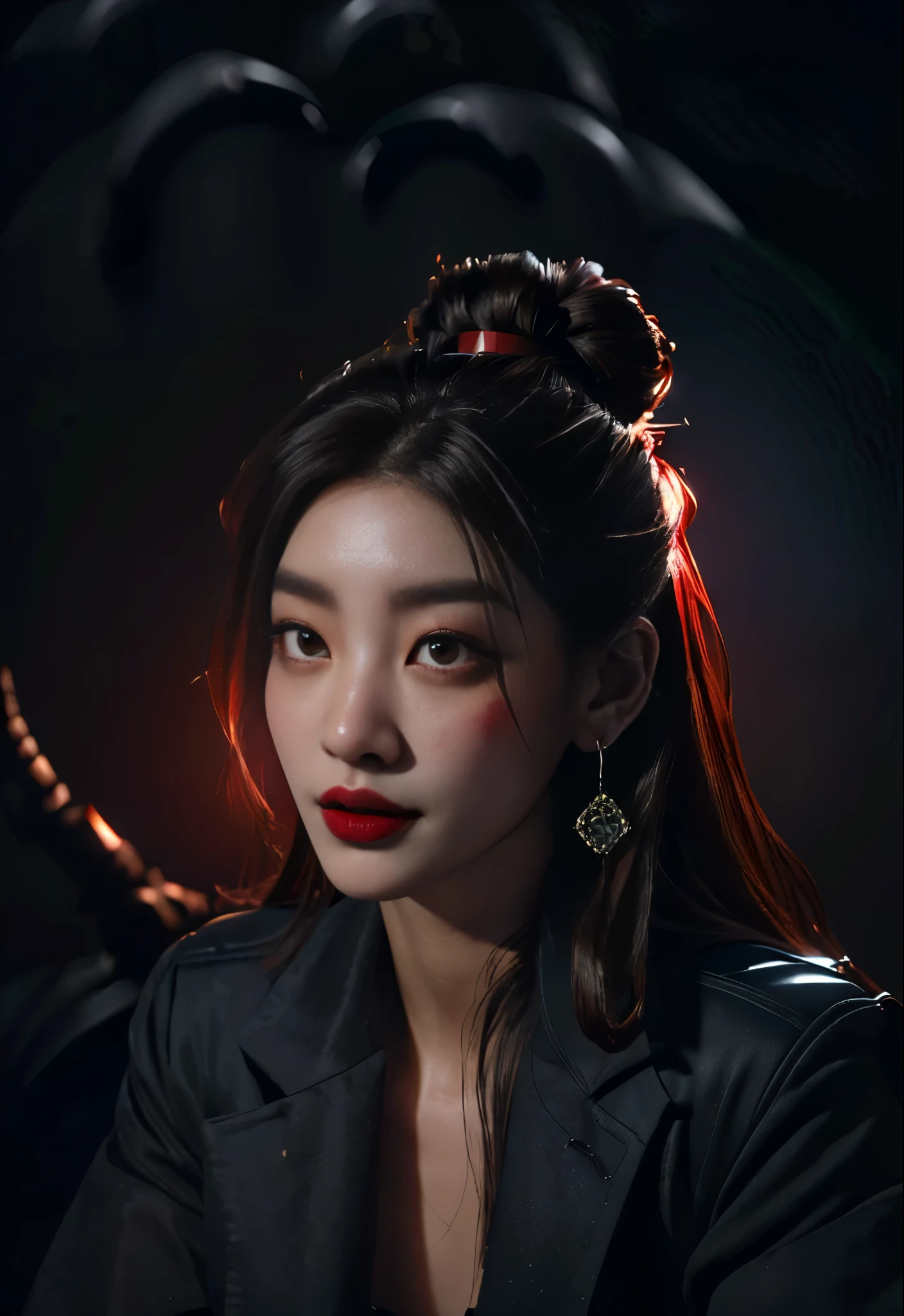 (High resolution,Practical) Long hair girl,skirt, Beautiful demon woman from hell, (in the darkness: 1.6), Very rich facial details，Red-black lips, Shoulder devil tattoo，rugged, Moderate: Detailed facial features, Determine the expression, Dark background，The environment is mysterious and elegant, Model, High contrast required, Jewelry, earrings, miniskirt, shirt, Jacket, brown hair, 白shirt, A bracelet, Hair Bun, single Hair Bun, long skirt, Shut up, Hoop Earrings, blue Jacket, skirt, Beautiful demon woman from hell, (in the darkness: 1.6), 大卫霍克尼和阿尔方斯穆夏的Surrealism女性portrait, Fantasy Art, Korean Doll, Photorealism, Dynamic Lighting, Art Station, poster, Volumetric Lighting, Very rich facial details, 8K, in the darkness, Deep Shadows, low pitch, long hair, Black Hair, Luxurious Palace, Royal style, Demon Crown, The red eye makeup is very vivid and detailed, the most beautiful face, Normal breast, Surrealism, Charming smile, The eye makeup is beautiful, Gurwitz, Devil style, Red-black lips, Shoulder devil tattoo, Gloomy weather，Thunder, (portrait), Close-up of the protagonist, (Background details 1.8), Revealing clothes, cosmetic, 白skirt