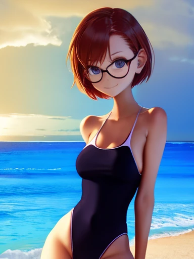 girl, alone, short hair, Bronze colored hair, thin, Misaka sister,Ultra high-cut one-piece swimsuit Large rectangular glasses on the forehead, Beach