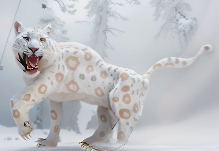 A giant white leopard, (((with 3 long fangs))), snow land, uhd, 12k, photography, Professional photo realistic nikon, masterpiece, ultra realistic, raw photo