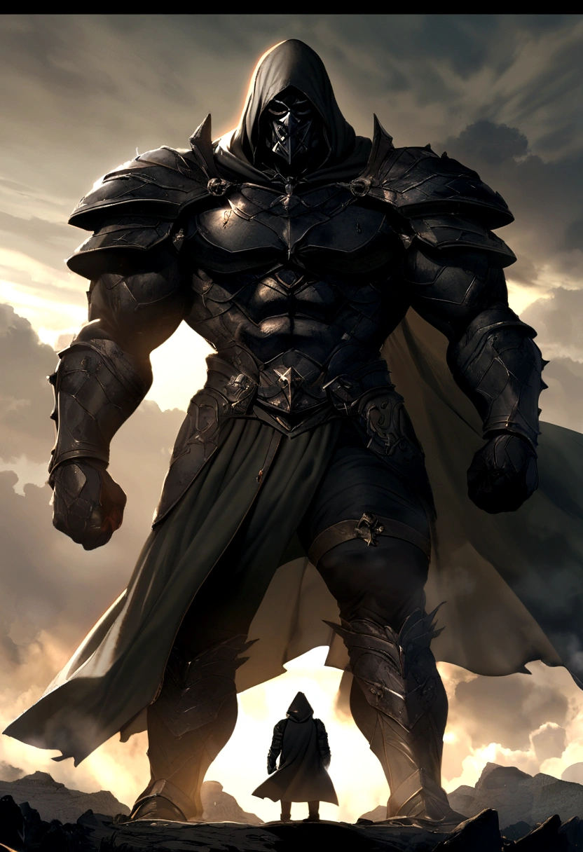 A tall strong guy, foggy hood, dark armour