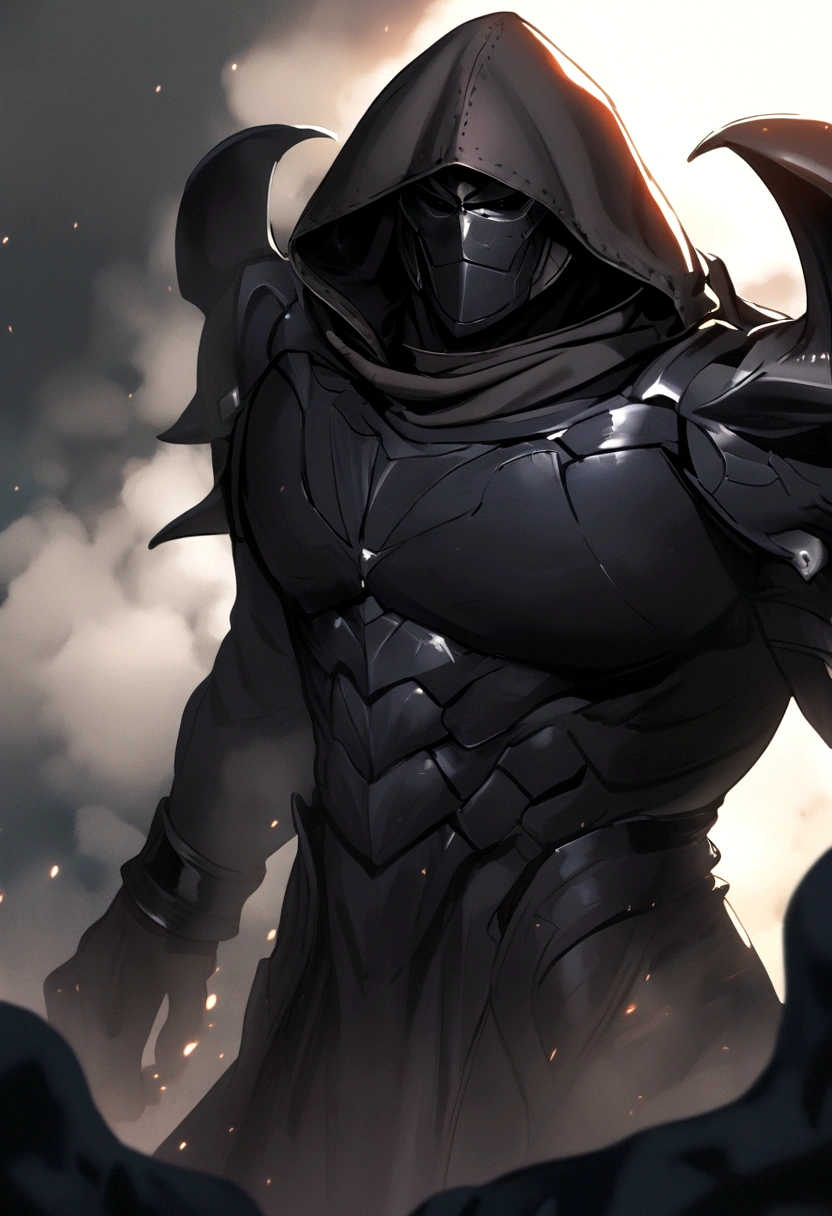 A tall strong guy, foggy hood, dark armour
