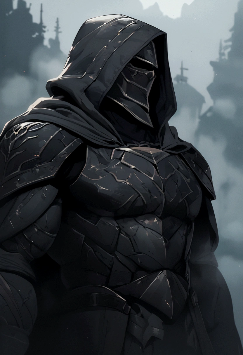 A tall strong guy, foggy hood, dark armour