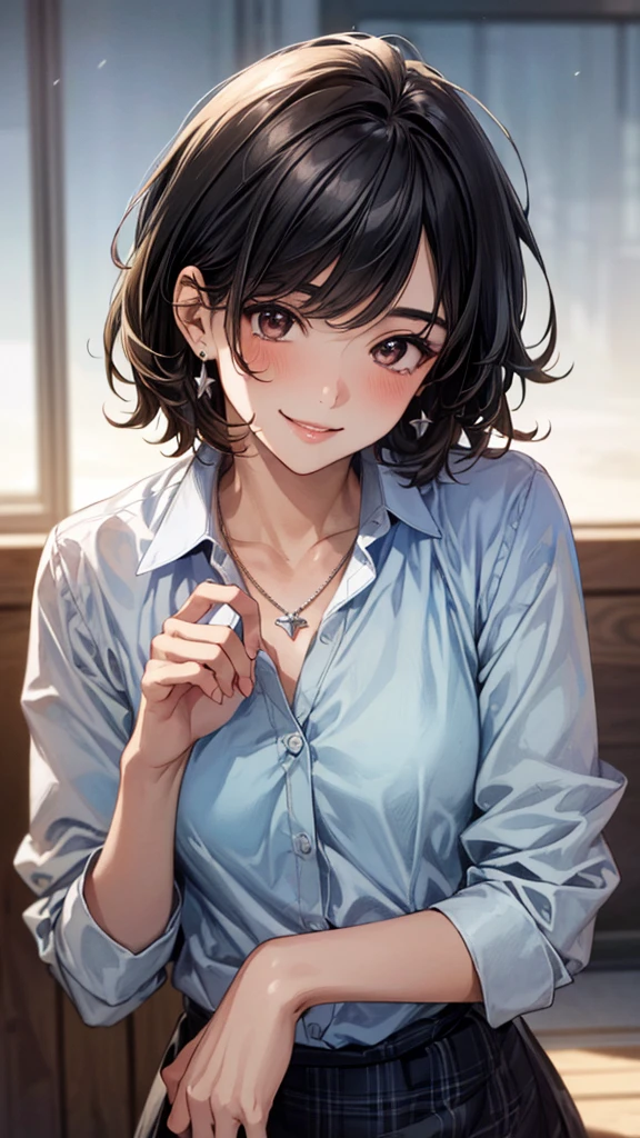 (masterpiece:1.3, highest quality, Ultra-high resolution, Super detailed), (Realistic, photoRealistic:1.4), Beautiful illustrations, Perfect lighting, Natural light, colorful, Depth of written boundary, spring、cherry blossoms, Beautiful detailed hair, Beautifully detailed face, Beautiful fine details,, Beautiful body,, Beautiful feet, Beautiful fingers, Shiny skin, Baby Face, View Viewer, Full Body Shot、1 beauty, Japanese, single,20-year-old, (Perfect Anatomy, Anatomically correct, Highly detailed skin), Cute and symmetrical face, Perfect Face, smile、Perfect Eyes, (Black Hair、short hair:1.4), Dark brown eyes, Long eyelashes, Medium chest,, thin, Excellent style, , (Detailed cloth texture),(necklace:1.1), ((Light blue collared shirt:1.4)),(Checkered Skirt:1.2),(Beautiful views),, (かわいらしいsmile, Lips parted),