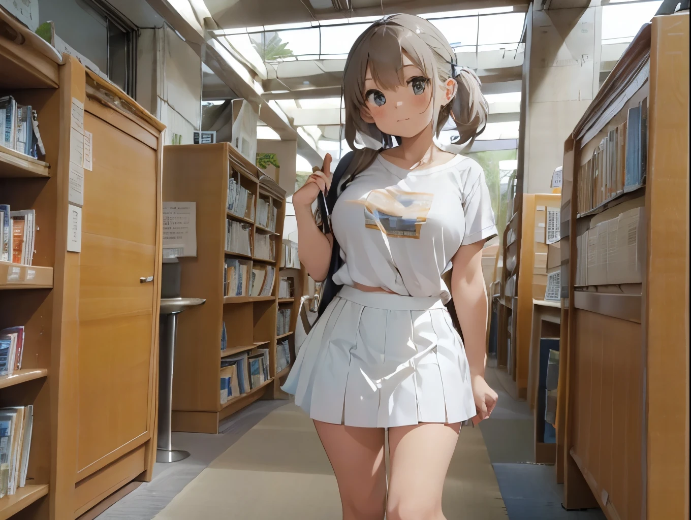Plain white with breasts highlightedTshirt、Ultramarine and white striped mini skirt、White frilly cute underwear is visible when the skirt is lifted、barefoot、library、Three girls with different heights