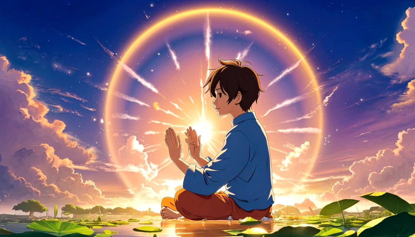 Boy meditating on the floor. Camera from top to bottom 