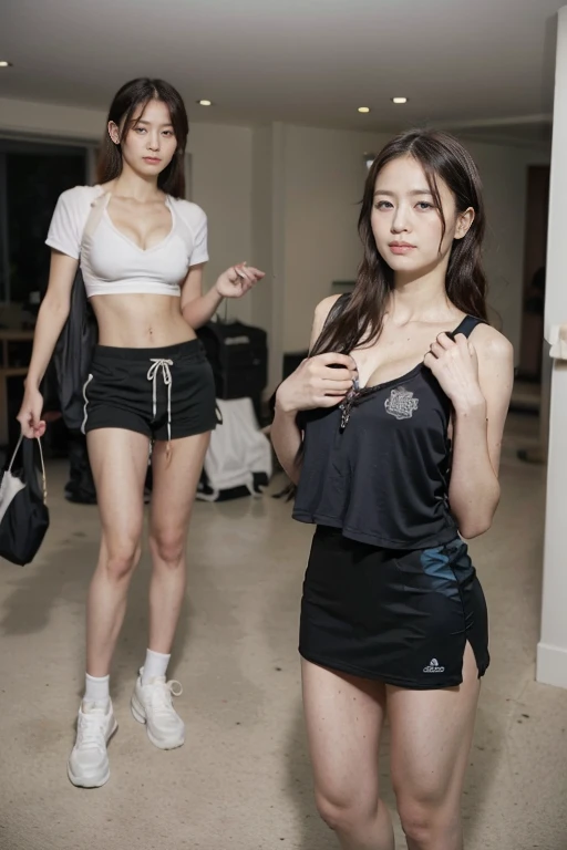 Night,A boy and a girl standing together,In university dormitories,Long-range shooting,(Original Photography:1.3),athlete,1 Girl, Perfect body, Beautiful face,Very detailed details of the face,Messy black hair, Smart eyes,Sweating,Cleavage,Sexy bulge,Track and field wear, sports Shorts,Long legs,sports shoes,Soaked,Standing,Lift up your skirt