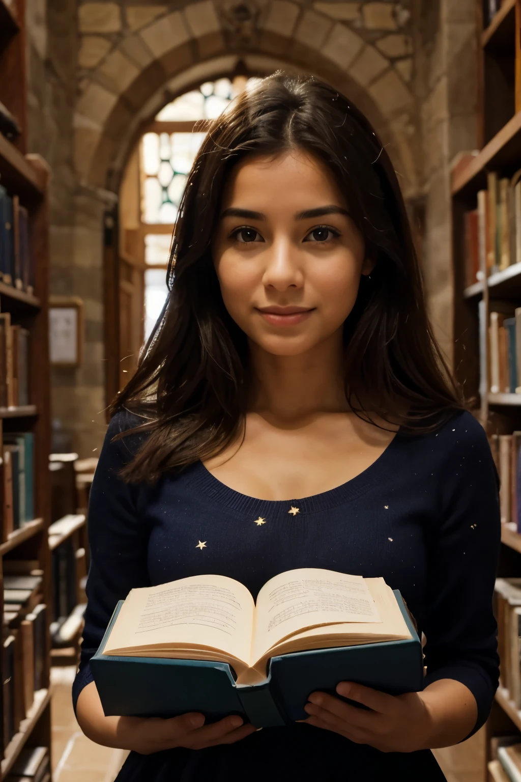 En el centro de la portada, a with an expression of amazement and wonder holds an open book in her hands, with flashes of light emerging from its pages. Behind her, un gato negro con ojos brillantes observa con curiosidad. En el fondo, una biblioteca antigua se eleva majestuosamente, con pilas de libros que se pierden en la distancia. The sky is full of stars and constellations, con destellos de colores y nebulosas, creating a magical and surreal atmosphere. En la parte superior, en letras doradas resplandecientes, the title of the story: "Ana y el Secreto de los Libros".