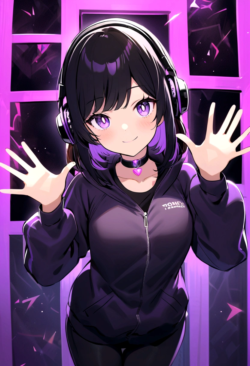 The tomboyish girl with short black hair is wearing a purple simple techno jacket over a black tank top and long black jeans. She has beautiful purple eyes with pupils, accessorized with a choker and black headphones adorned with purple LEDs, waving to the camera with a beautiful smile. She exudes maturity, intelligence, and elegant beauty.