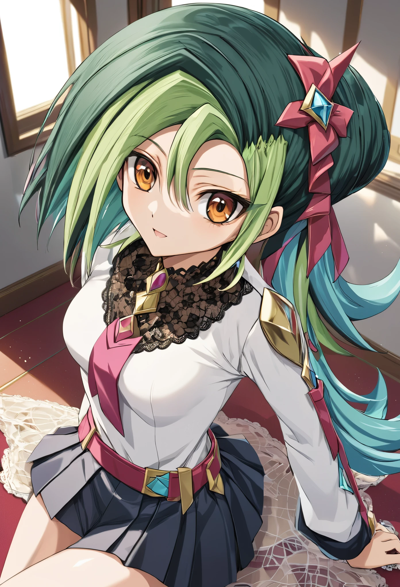 (masterpiece, best quality:1.2), 1 Girl, Solitary，Green Hair，,Delicate brown eyes, （（Sexy lace sweater）），（（Yu-Gi-Oh! ZEXAL）），（8K）（HD）（（best quality））， （（Intricate details））， （8K）