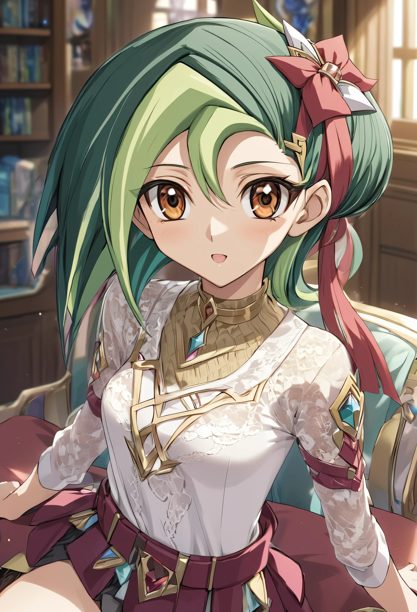 (masterpiece, best quality:1.2), 1 Girl, Solitary，Green Hair，,Delicate brown eyes, （（Sexy lace sweater）），（（Yu-Gi-Oh! ZEXAL）），（8K）（HD）（（best quality））， （（Intricate details））， （8K）