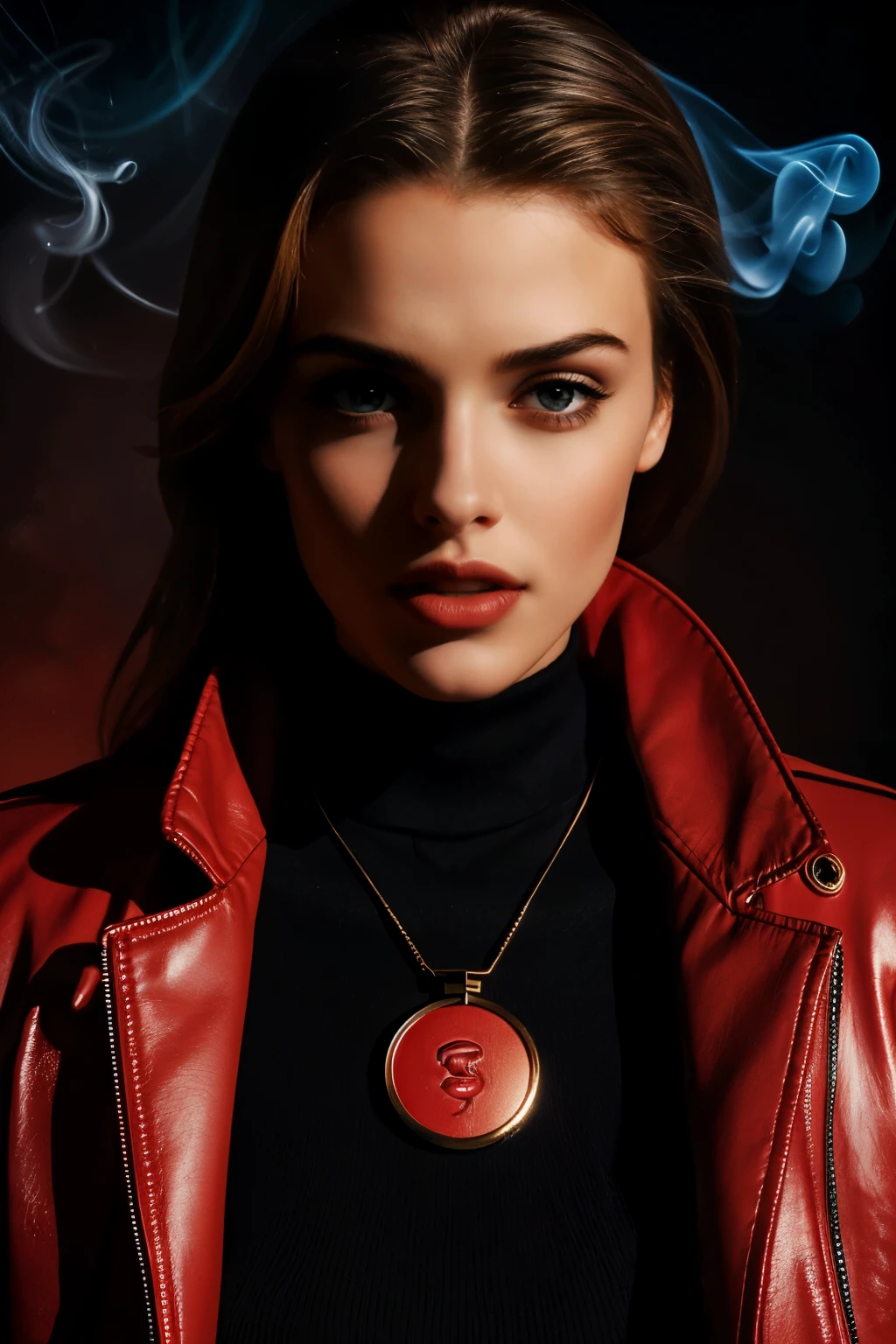 (Best quality, realistic: 1), sexy, red jacket, Detailed eyes and lips, Bold expression, refined, Futuristic background, Smoke effect, Strong lighting, Ultra-fine painting, professional, erotic, sharp focus, vivid colors, volumetric light, rim light, key light, light background