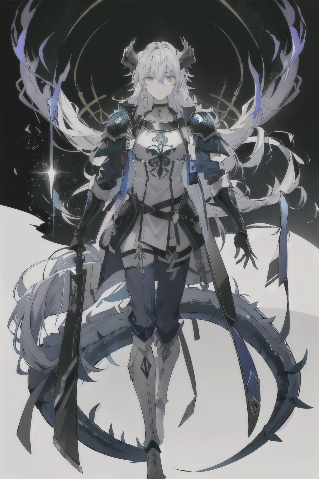 an anime man 1.80 tall (long silver hair) with (green eyes) with (a scar on his forehead in x) and (several runes on his body with a blue color but the most striking is one that resembles a dragon in your back) 

clothes (he wears a torn cloak and a breastplate together and shoulder pads made of old plates with a symbol of two dragons) (black coats)