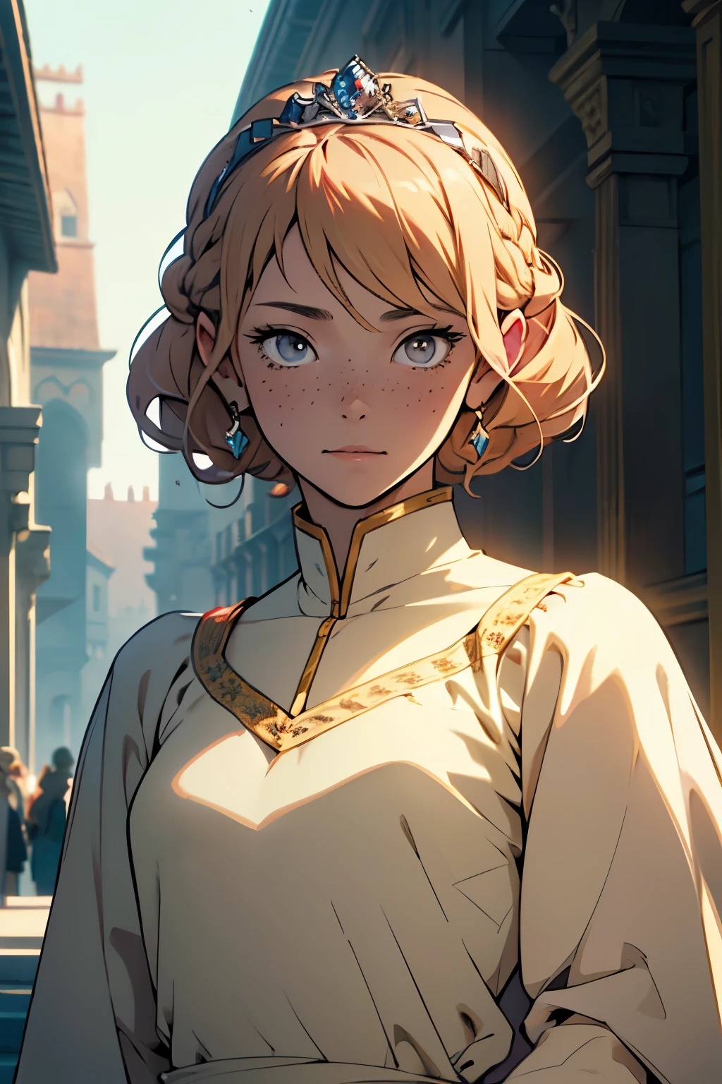 half body shot, aristocrat, cute female, , princess, (masterpiece:1.4), (best quality:1.4), (looking at viewer), (character on front), royalty, dress, palace halls, cinematic lighting, bright lighting, detailed, light strawberry blonde hair, delicate features, flat-chested, depth of field, character design, freckles, short hair, fringe, braid updo hairstyle, kuudere, tiara, niji journey, cartoon art style, soft expression, thin lineart, 2D, fancy dress, almond eyes, fair white skin, medieval fantasy, melancholic face, flat hair, straight hair, light grey eyes, flat colors, soft light