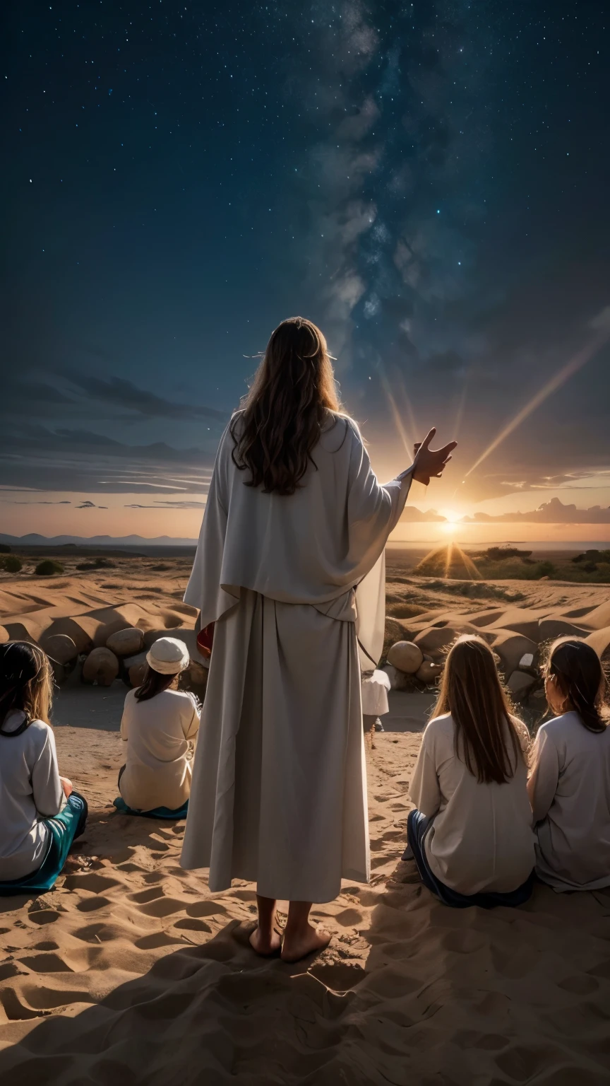 "Por favor, gere imagens de Jesus Cristo com os seguintes detalhes:
1- Appearance:
Jesus must have a calm and compassionate expression.
Pele de tonalidade clara a morena, com cabelos longos e castanhos, ondulados.
Olhos castanhos ou azuis, com um olhar acolhedor e benevolente.
2- Vestimenta:
Traditionally biblical clothing, including a simple tunic, geralmente branca ou creme, e um manto que pode ser azul, vermelho ou marrom.
3- Scenario:
Variety of scenarios like:
Montanhas ou colinas verdes.
By the sea or a lake.
In a desert environment with sand dunes.
Em um campo florido.
Em um local com arquitetura antiga, como templos ou sinagogas.
4- Actions:
Jesus preaching or speaking to a crowd.
Jesus blessing children or the sick.
Jesus in prayer or meditation.
Jesus realizando um milagre, like healing the sick or multiplying loaves and fishes.
Jesus calming a storm or walking on water.
5- Artistic Style:
Uma mistura de realismo e arte sacra.
Cores suaves e naturais.
soft lighting, com um leve brilho ou halo ao redor de Jesus para indicar santidade.