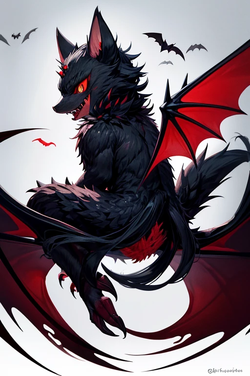 animal giant bat with spread wings with spiked rodent tail black fur red eyes open mouth spikes on the back with many fangs forest background