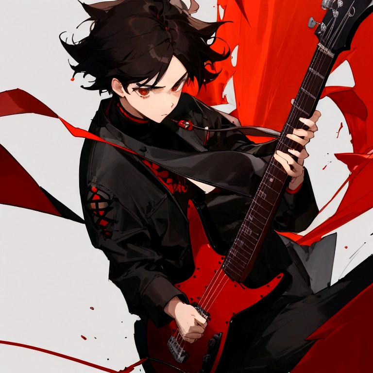 BOY, dark hair, Kare, Brown eyes, black electric guitar, Black clothes, black and red design, super detailed