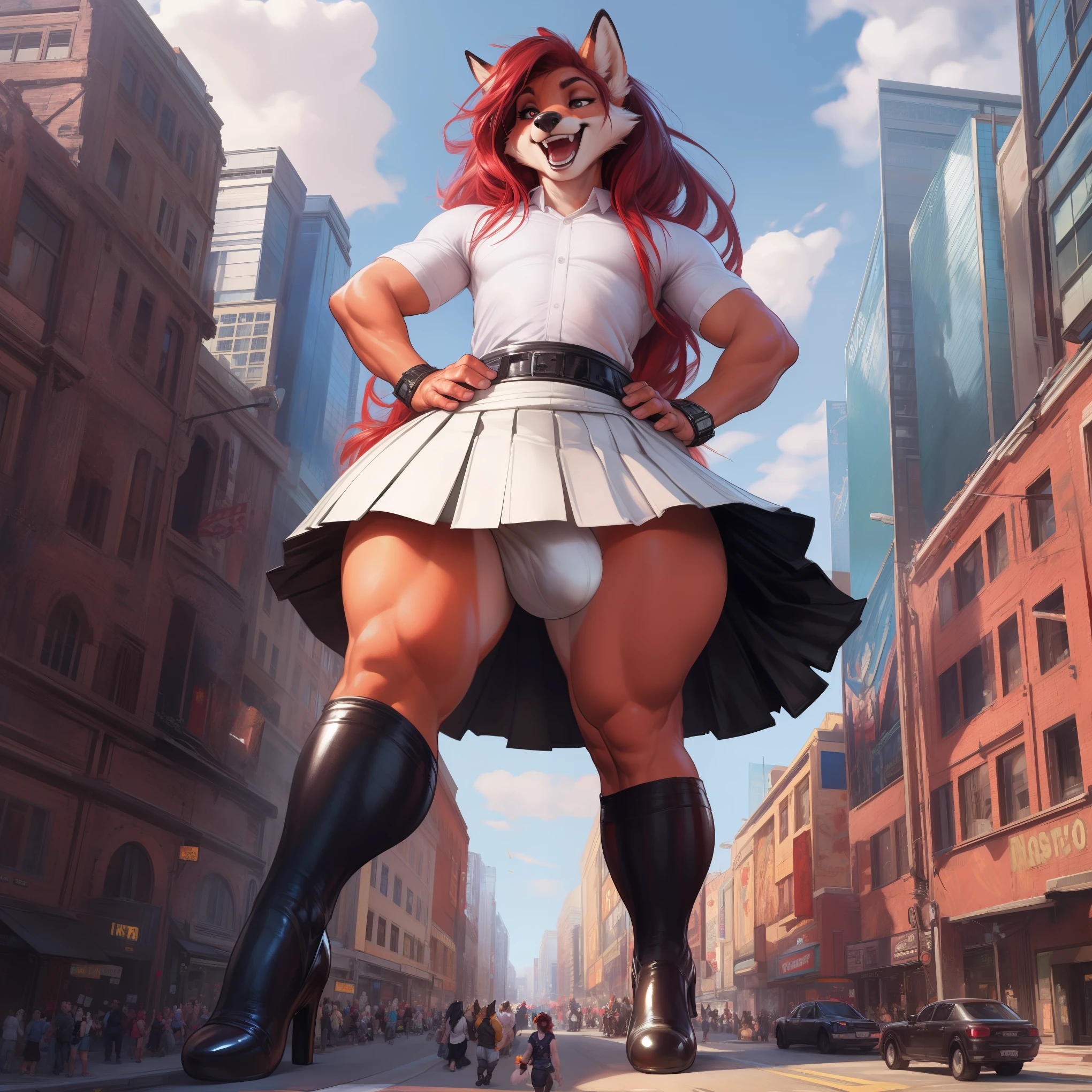 (by darkgem, by boosterpang, by BNG), solo focus, 1boy, male, fox, girly, femboy, long hair, red hair, (hyper hips:1.2), (large bulge), bulgej8, detailed crotch, penis outline, laughing, masterpiece, best quality, photorealistic, hyperrealistic, ultra detailed, detailed eyes, accurate eyes, looking at viewer, detailed background, photo background, digital drawing (artwork), girly, bedroom eyes, breeding request, giant, (giant:1.9), (macro:1.6), cityscape, tiny crowds, walking toward viewer, dressed like a girl, (feminine white blouse), pleated skirt, upskirt, (white panties:1.2), (black pumps:1.5), standing upright, commanding pose, hands on hips,