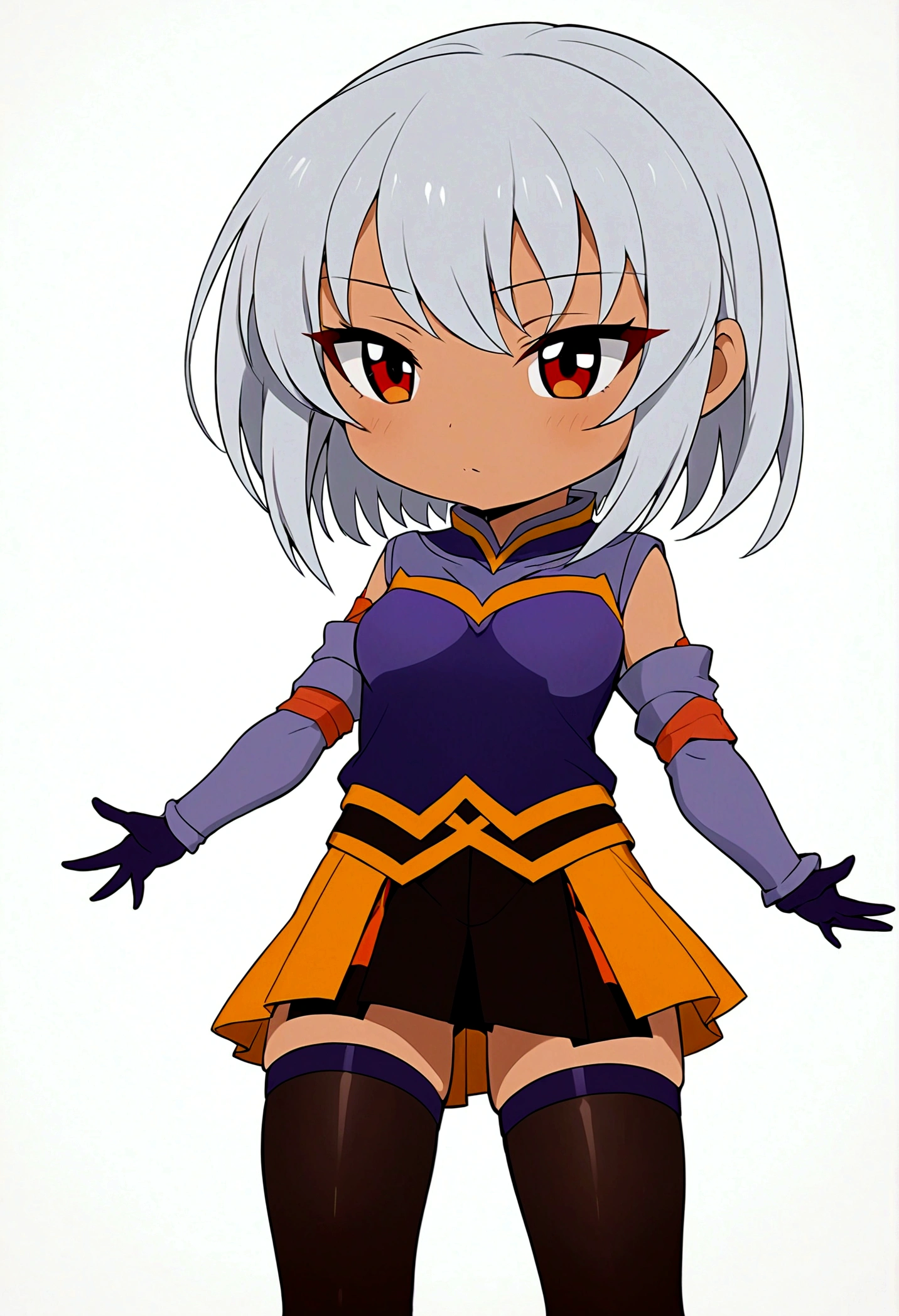 The tomboyish girl sexy, smart, Short Hime Hair Cut, White Hairs, Red Eyes, wearing a handless purple plain casual cloth, skirt, long black gloves, and thigh-high stockings, Anime Style, HDR, highly detailed, 8k, masterpiece, digital painting, vibrant colors, dramatic lighting, dynamic composition, intricate details, White plain background.