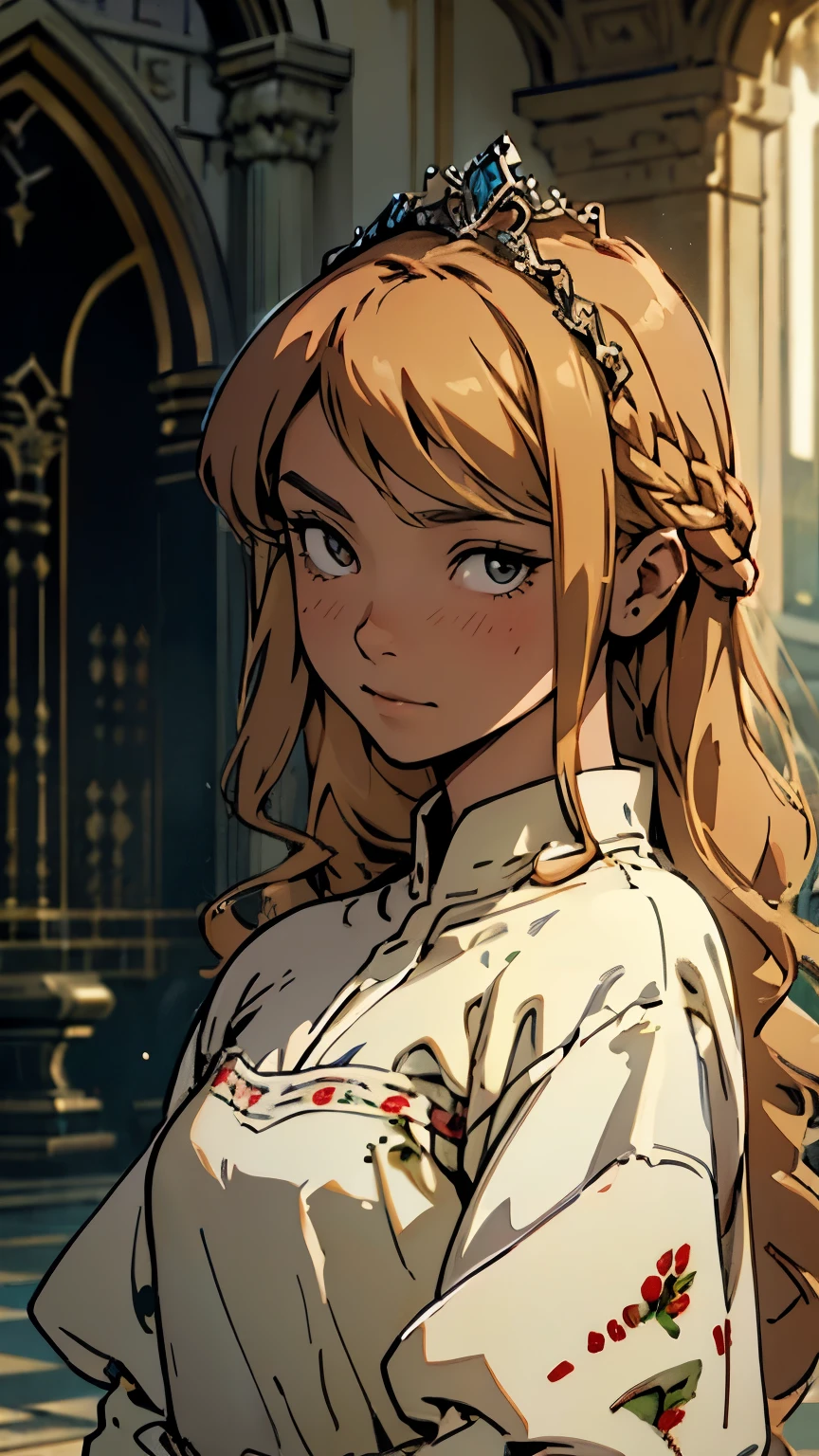half body shot, aristocrat, cute female, age 25, princess, (masterpiece:1.4), (best quality:1.4), (looking at viewer), (character on front), royalty, dress, palace halls, cinematic lighting, bright lighting, gray eyes, detailed, strawberry blonde hair, delicate features, flat-chested, depth of field, character design, medium length hair, fringe, updo, innocent, kuudere, tiara, niji journey, cartoon art style, soft expression, thin lineart, 2D, fancy dress, small eyes, fair skin, medieval fantasy, melancholic face, sad, flat hair, straight hair