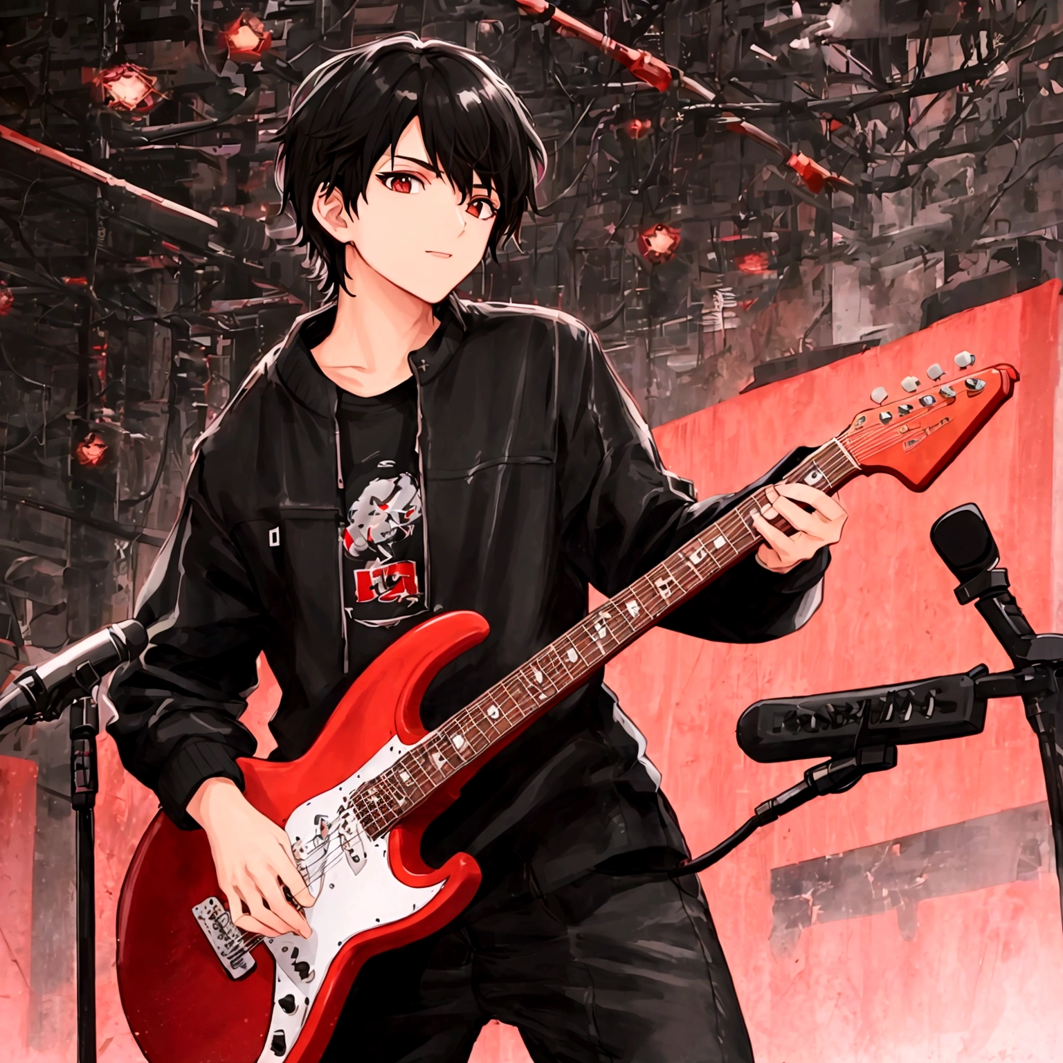 BOY, dark hair, Kare, Brown eyes, black electric guitar, Black clothes, black and red design, super detailed