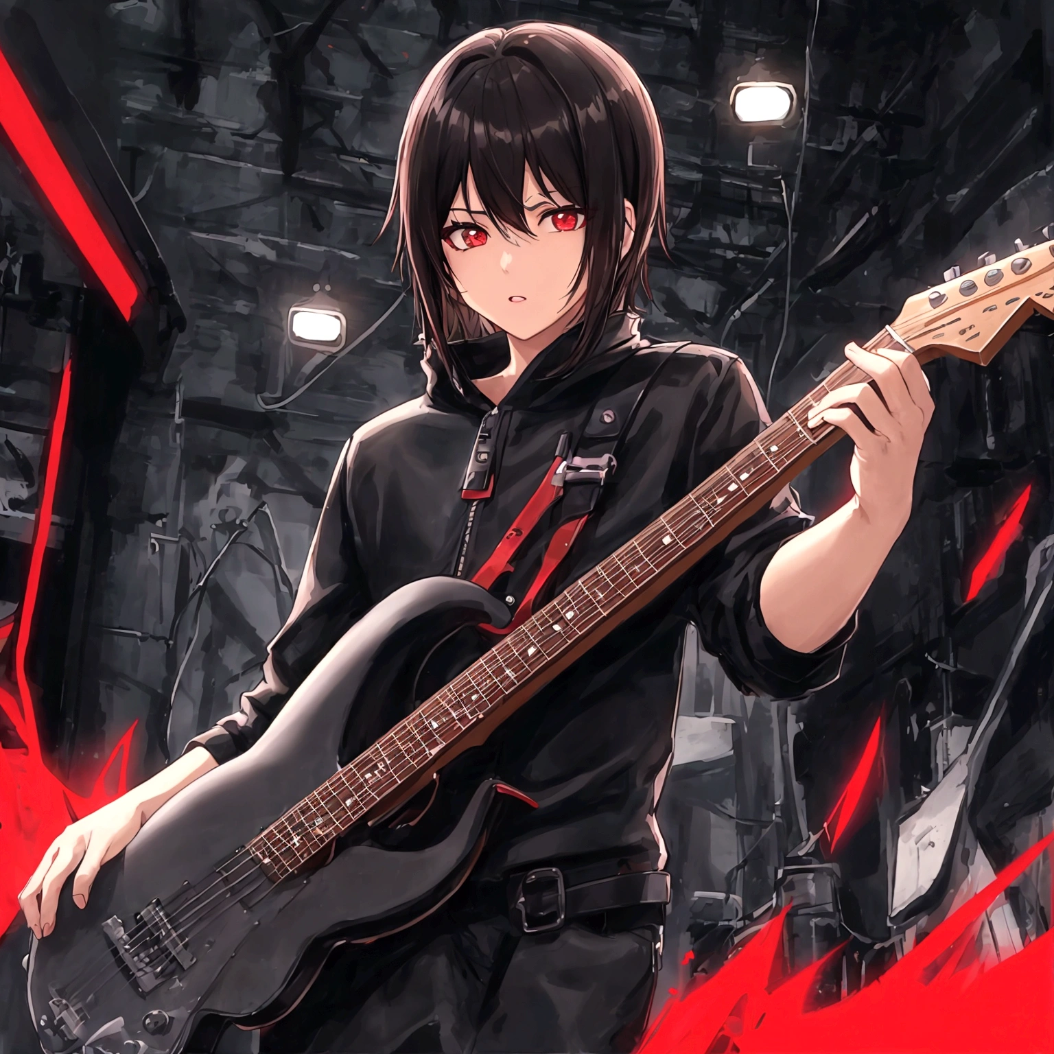 BOY, dark hair, Kare, Brown eyes, black electric guitar, Black clothes, black and red design, super detailed