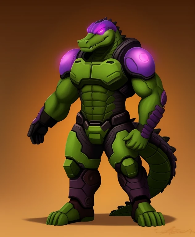 Doom and Gloom the male crocodile supervillain, with glowing purple eyes, full body view