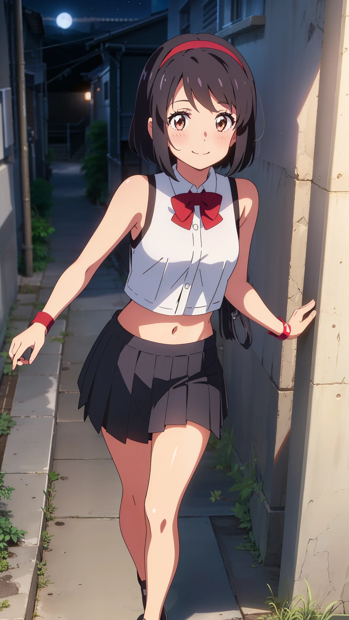 shinkai makoto, kimi no na wa., 1girl, bangs, black hair, blush, brown eyes, (white crop top, bare shoulders, black pleated skirt), red headband, red ribbon, short hair, smile, cute, solo, looking at viewer, outdoors, alley, dynamic pose, night, nightview