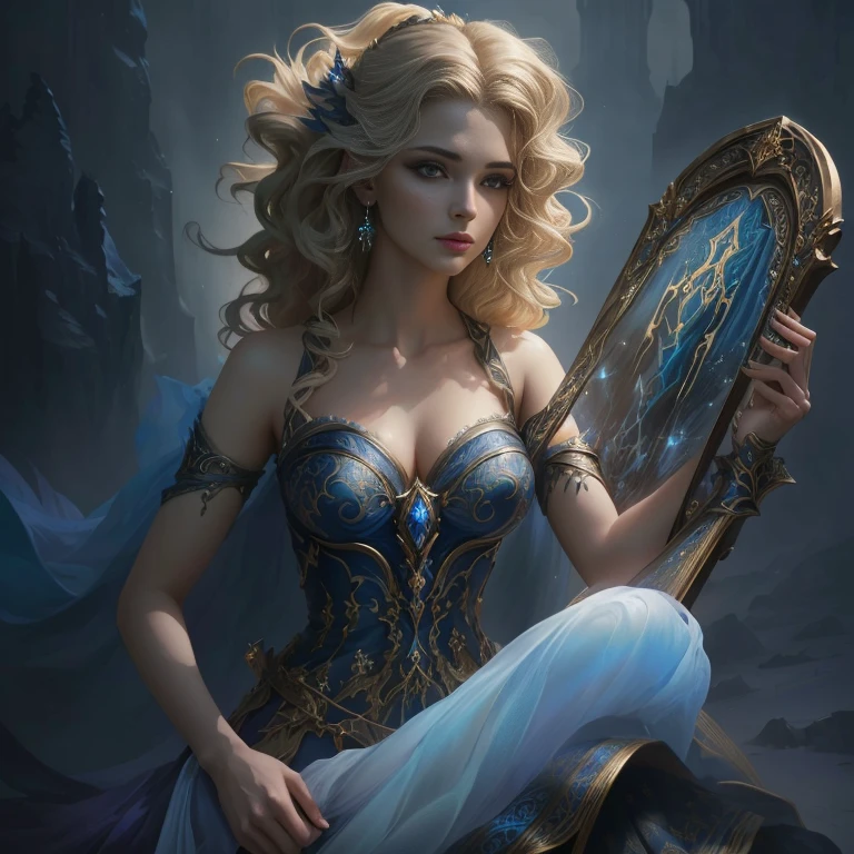 mulher arafa em um vestido azul segurando uma harpa dourada, Mulher fantasia, arte de fantasia hiperrealista, epic fantasy art portrait, bela arte de fantasia, breathtaking fantasy art, arte vitoriana de fantasia, Epic Fantasy Character Art, arte de fantasia de alta qualidade, amazing fantasy art, Arte de fantasia realista, elegant cinematic fantasy art, Arte de fantasia em 4K, Arte de fantasia HD, bela arte de fantasia portrait