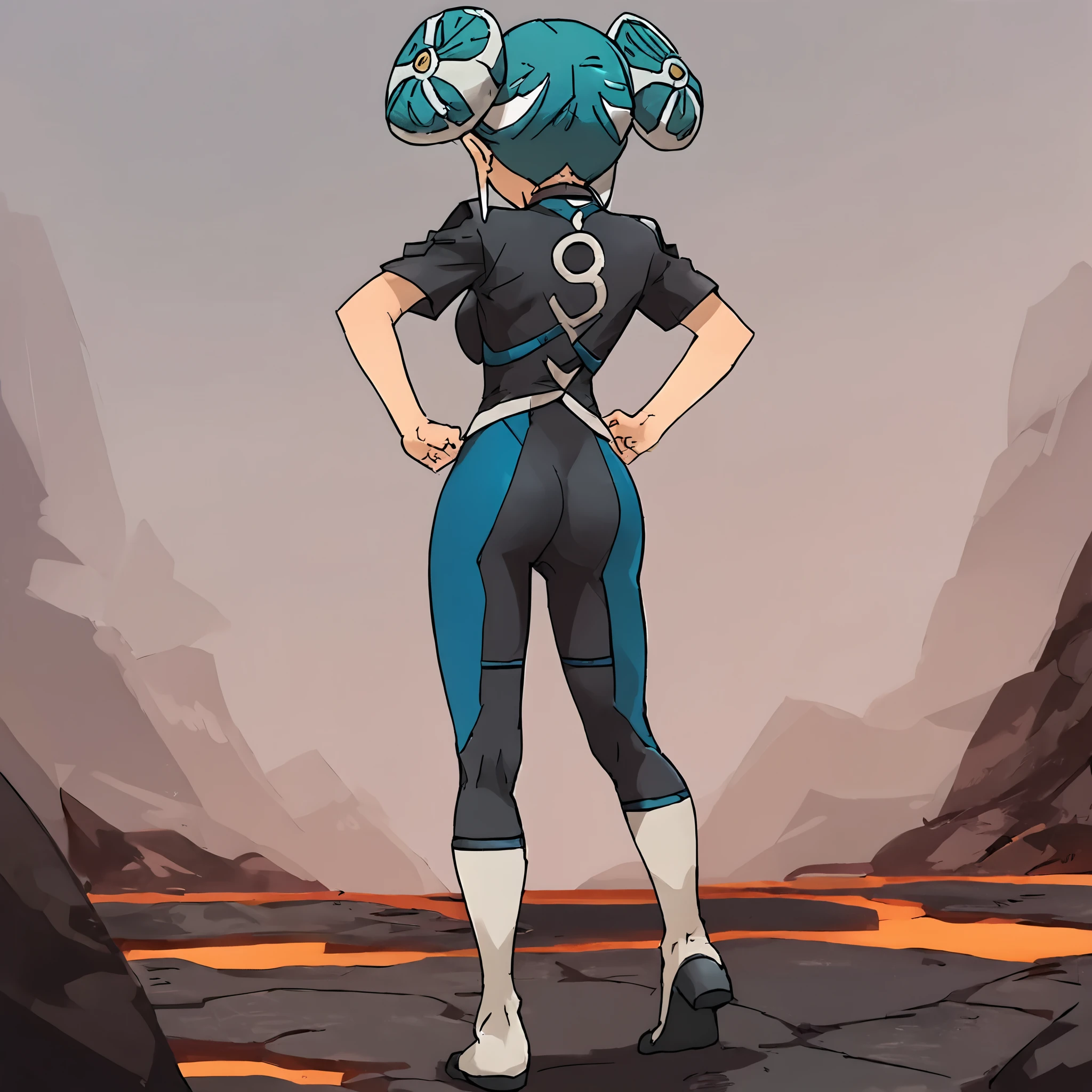 full body, best quality,ultra detailed,,solo,1girl,score_9, score_8_up, score_7_up, score_6_up, score_5_up, score_4_up, source_anime, maquia, two-tone hair, aqua hair, aqua eyes, bodysuit, smile,dark emperors,big breasts, standing sexy pose, (behind view,portrait),full body, standing on lava,heavenly ass, heavenly breasts, big ass, upset, no shoes, wearing heels, ass view