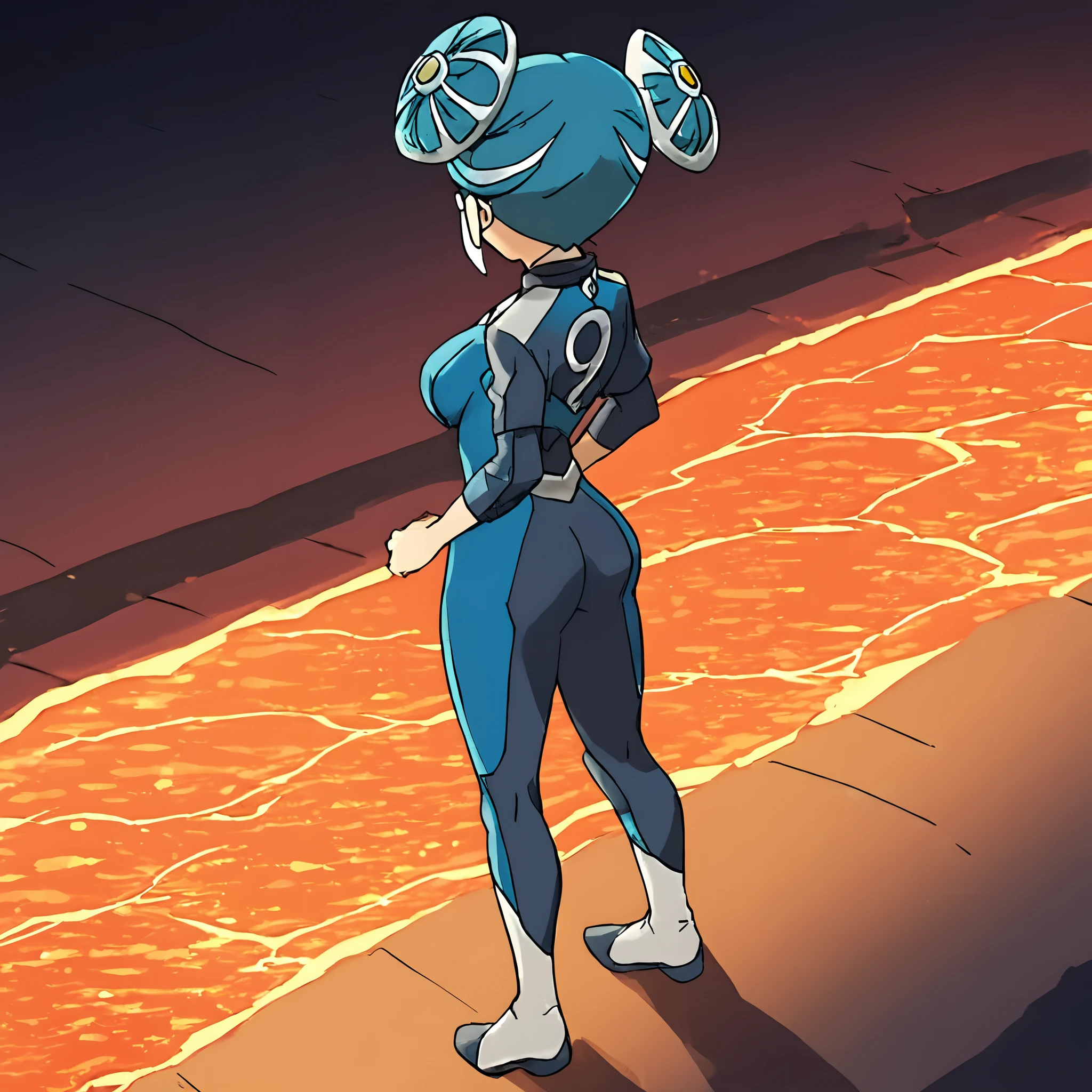 full body, best quality,ultra detailed,,solo,1girl,score_9, score_8_up, score_7_up, score_6_up, score_5_up, score_4_up, source_anime, maquia, two-tone hair, aqua hair, aqua eyes, bodysuit, smile,dark emperors,big breasts, standing sexy pose, (behind view,portrait),full body, standing on lava,heavenly ass, heavenly breasts, big ass, upset, no shoes, wearing heels, ass view