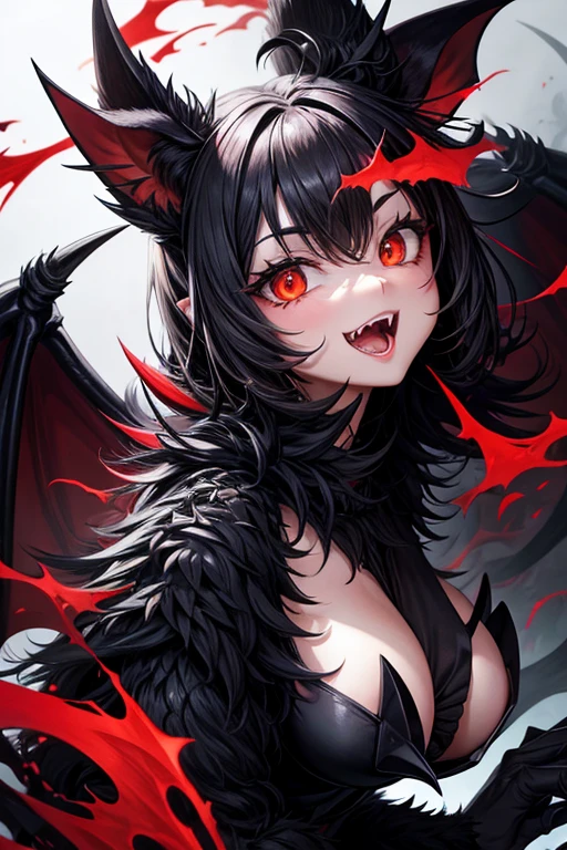 animal giant bat with spread wings with spiked rodent tail black fur red eyes open mouth spikes on the back with many fangs forest background