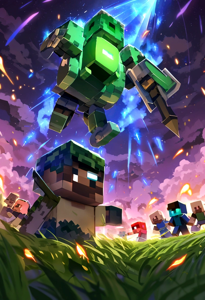 soldado militar de minecraft con casco tactico de color negro y euipo tactico de camuflaje color verde oscuro que de fondo este en un campo de batalla con exploxiones