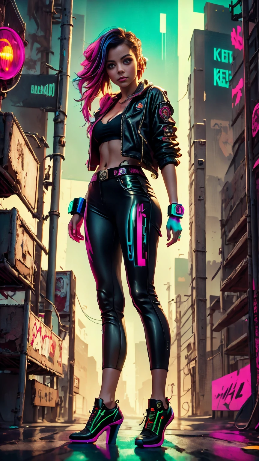 A closeup of Kristin Kreuk in a neon suit, Ambiente ciberpunk, cyberpunk with neon lights, Luz cyberpunk brillante, agachada,Vibraciones ciberpunk, cyberpunk lighting, estilo ciberpunk, neon cyberpunk style, en el estilo cyberpunk, mira ciberpunk, cyberpunk dreamy girl, Foto Ciberpunk, neon cyberpunk, cyberpunk aesthetic, ropa de calle ciberpunk, cyberpunk aesthetic, Cyberpunk art style, Portero del streetwear cyberpunk,sabes, dedos perfectos,neon hair color, Textura de detalle, detalle del cabello,Pantalon long noir fluo, hermoso rostro,pelo ondulado,Detailed neon black shoes.,