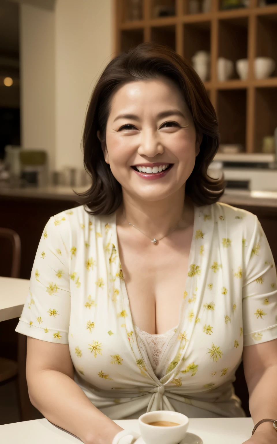 8k wallpaper, masterpiece, highest quality, Ultra-detailed, One mature woman, 50 years old, Highly revealing, Wearing a spring-like shirt, Skin dents, A seductive smile, Looking at the audience, Cleavage, plump, Curvaceous, Seductive face, Toothy smile, was happy, Sitting at a cafe, Background Blur