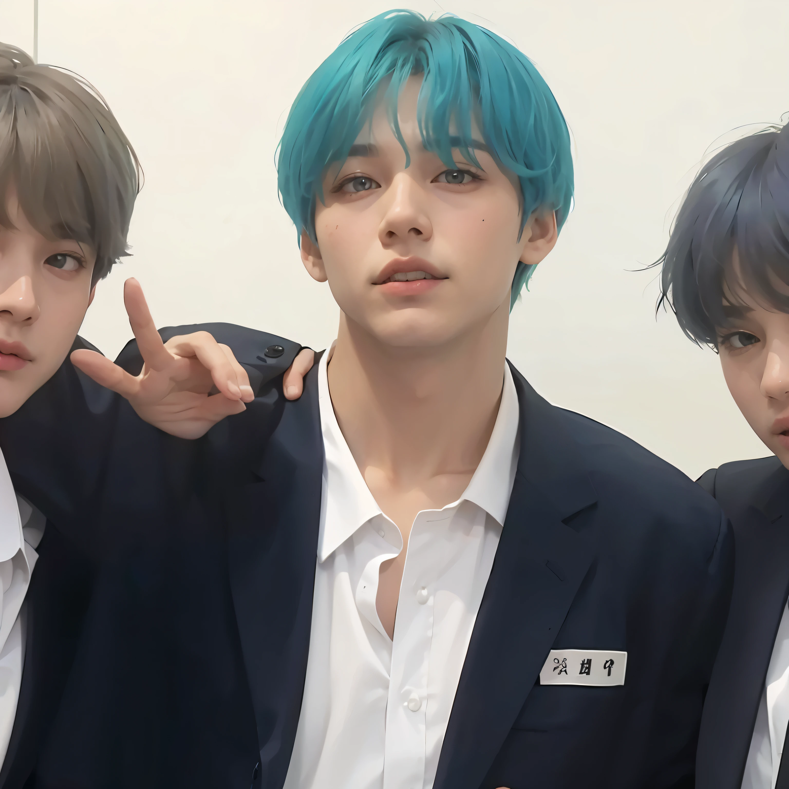 Three young people with blue hair posing for a photo., taken in the early 2020s, BTS, desde 8 K mate, Taehyung comiendo papas fritas Gucci, Jimin, Todos del grupo NCT, suave en _ Los antecedentes, wry smirk, 8k!, chicos lindos, con ropa verde azulado, inspirado en Kun Can, Tiene pelos grises oscuros