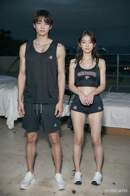 Night，A boy and a girl standing together，In university dormitories，Long-range shooting，(Original Photography:1.3)，athlete，1 Girl, Perfect body, Beautiful face，Very detailed details of the face，Messy black hair, Smart eyes，Sweating，Cleavage，Sexy bulge，Track and field wear, sports Shorts，Long legs，sports shoes，Soaked，Standing，