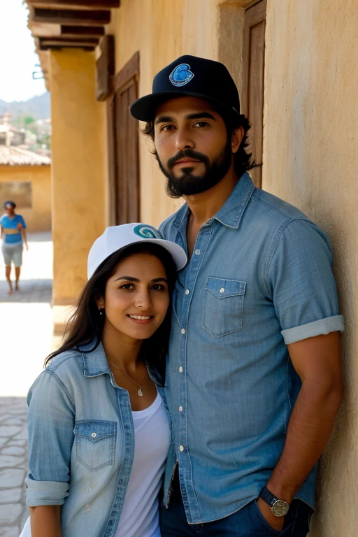 ((mejor calidad)), ((foto casual)), (detallado), 1 hombre, with beard and dark complexion, con gorra azul marino sin marca y lentes de sol oscuros, con camisa negra, accompanied by 1 girl, con facciones de la india