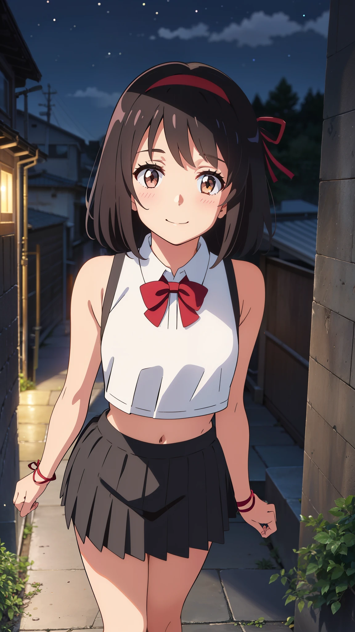 shinkai makoto, kimi no na wa., 1girl, bangs, black hair, blush, brown eyes, (white crop top, bare shoulders, black pleated skirt), red headband, red ribbon, short hair, smile, cute, solo, looking at viewer, outdoors, alley, dynamic pose, night, nightview