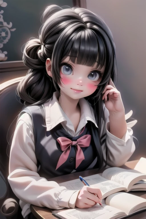 a cute schoolgirl doing homework, ((disgusted look)), schoolgirl uniform